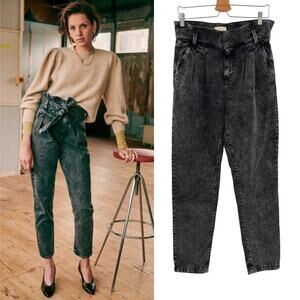 Sezane Austin Trousers Jeans Paperbag‎ Washed Black Denim Cotton Size 36 US 4